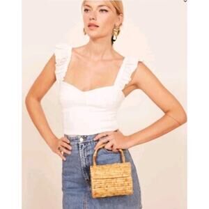 Reformation Elana Cropped Top sz 0 Smocked Back Ruffle Strap Side Zip Fairy Boho